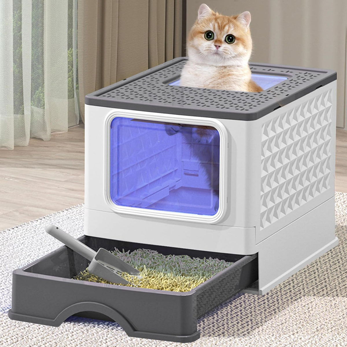 Foldable Enclosed Plastic Cat Litter Box with Litter Scoop (Light Gray) X986828