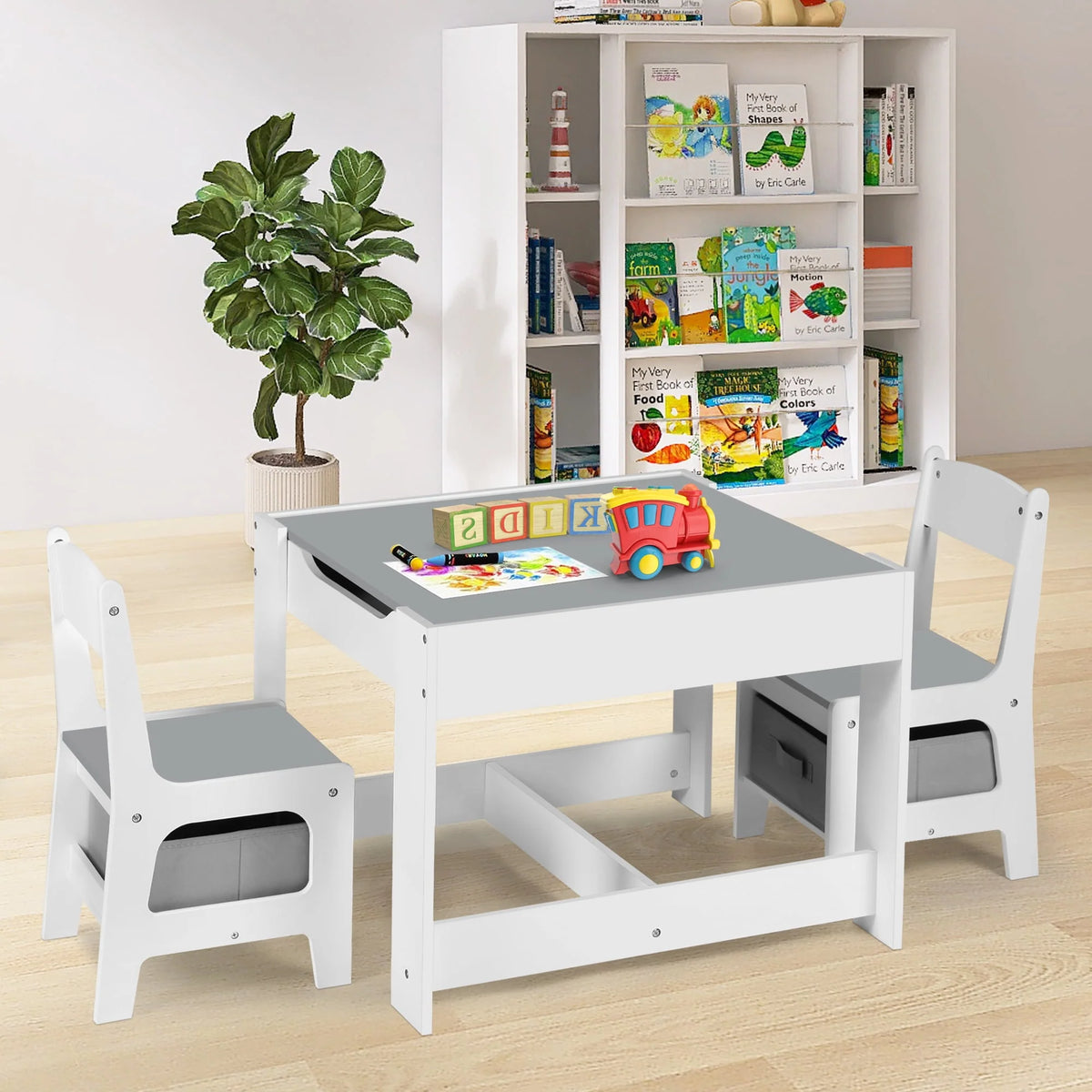 3 in 1 Kids Wood Table & 2 Chairs Set Grey F292505