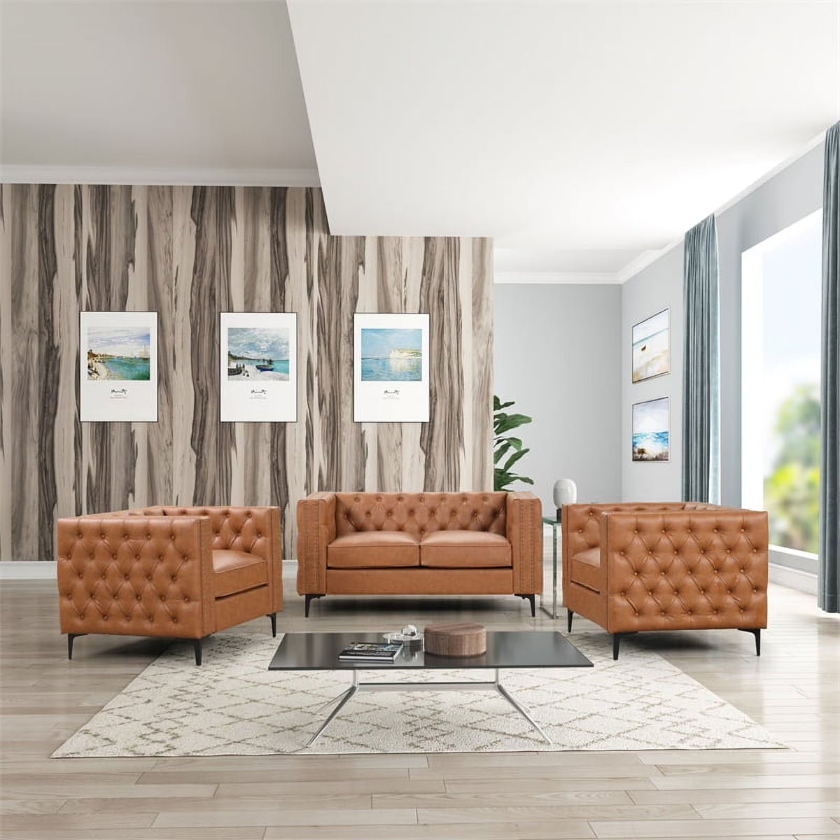3-PC Leather Loveseat and 2 Chairs Set Saddle Brown V267211