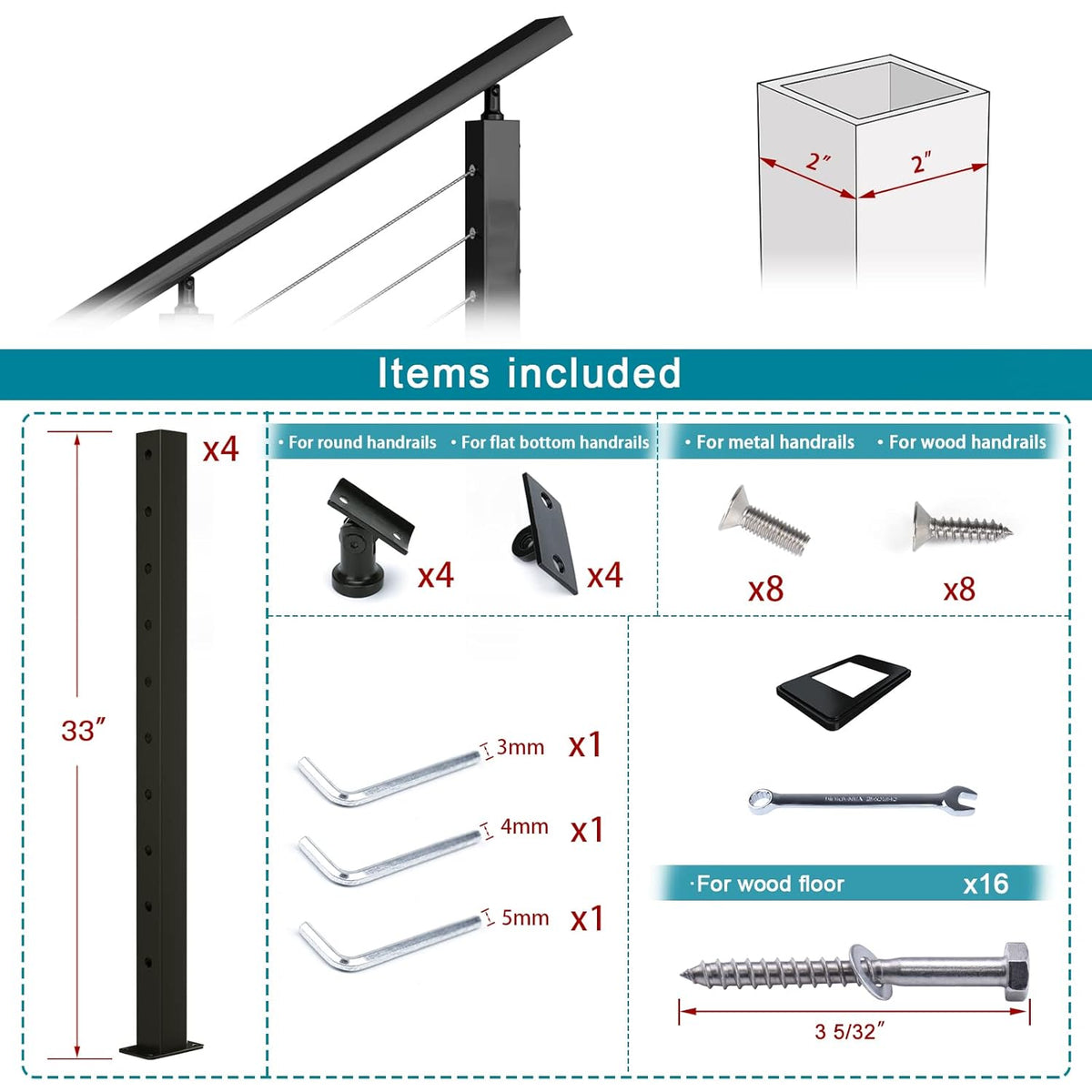 Black 30 Degree Stair Pre-Drilled Angle Holes 36x2x2 Stainless Steel Square Weldless Cable Railing Post V78720