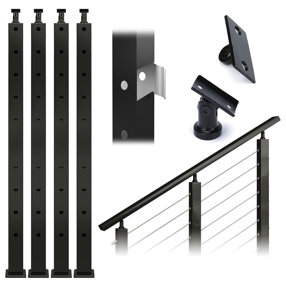 Black 30 Degree Stair Pre-Drilled Angle Holes 36x2x2 Stainless Steel Square Weldless Cable Railing Post V78720