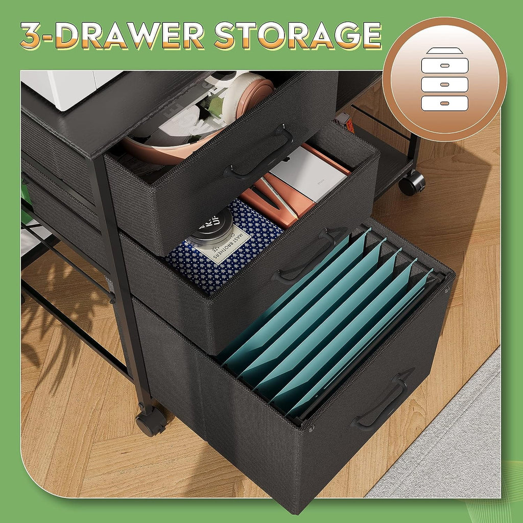 3 Drawer Mobile File Cabinet with Storage Shelf, Black G74389
