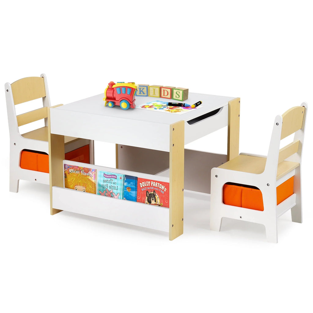 3 in 1 Kids Wood Table & 2 Chairs Set Grey F292505
