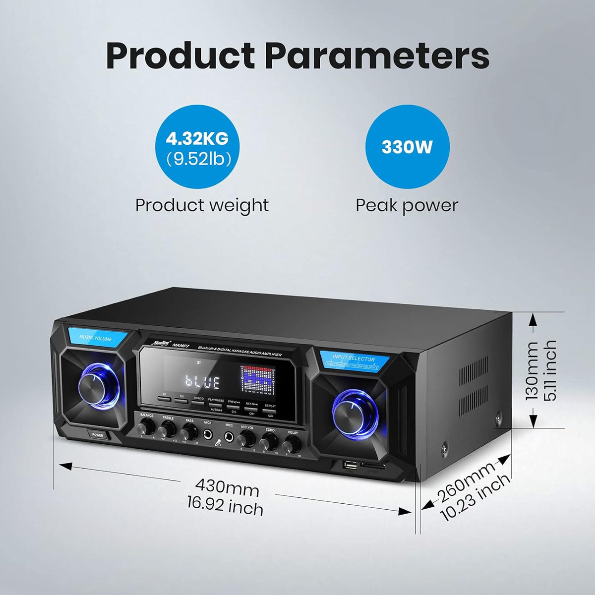 Stereo Receiver Amplifier Bluetooth 5.0 330W 2.0 Channel Home Audio AMP FM with USB SD Mic in Echo RCA AUX LED Remote Y774