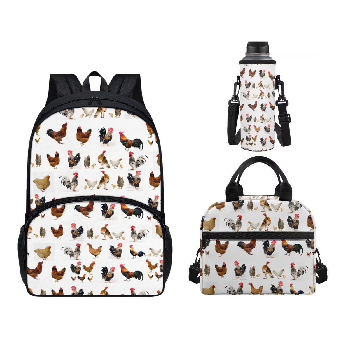 Cock Print Backpack 3-Piece Schoolbags Set with Front Zipper Pocket M108
