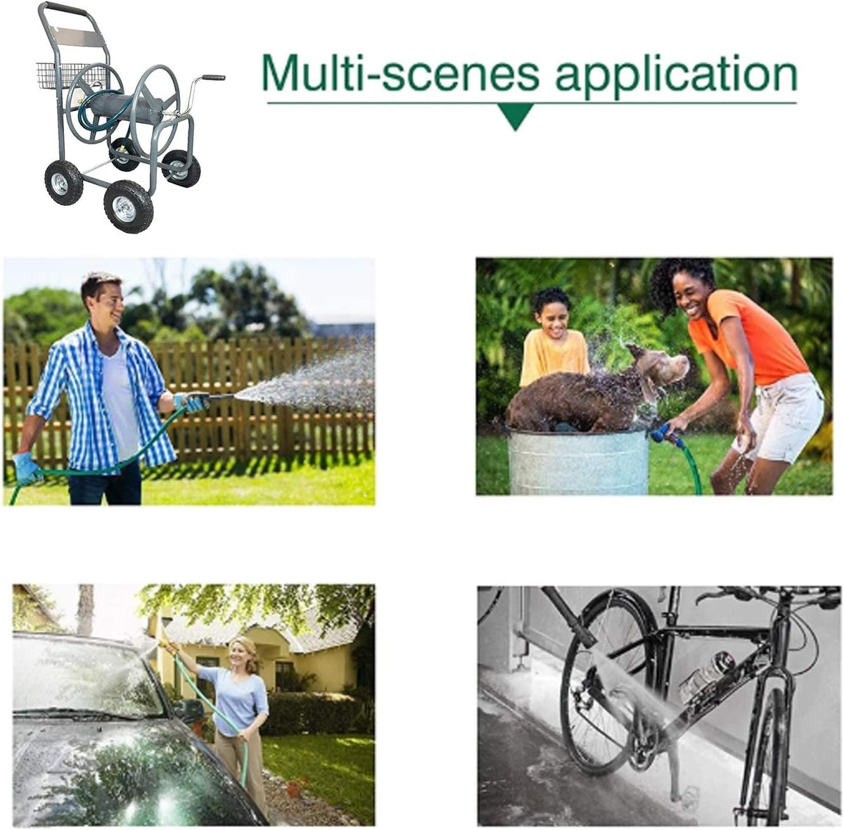 4 Wheels Portable Garden Hose Reel Cart with Storage Basket M624