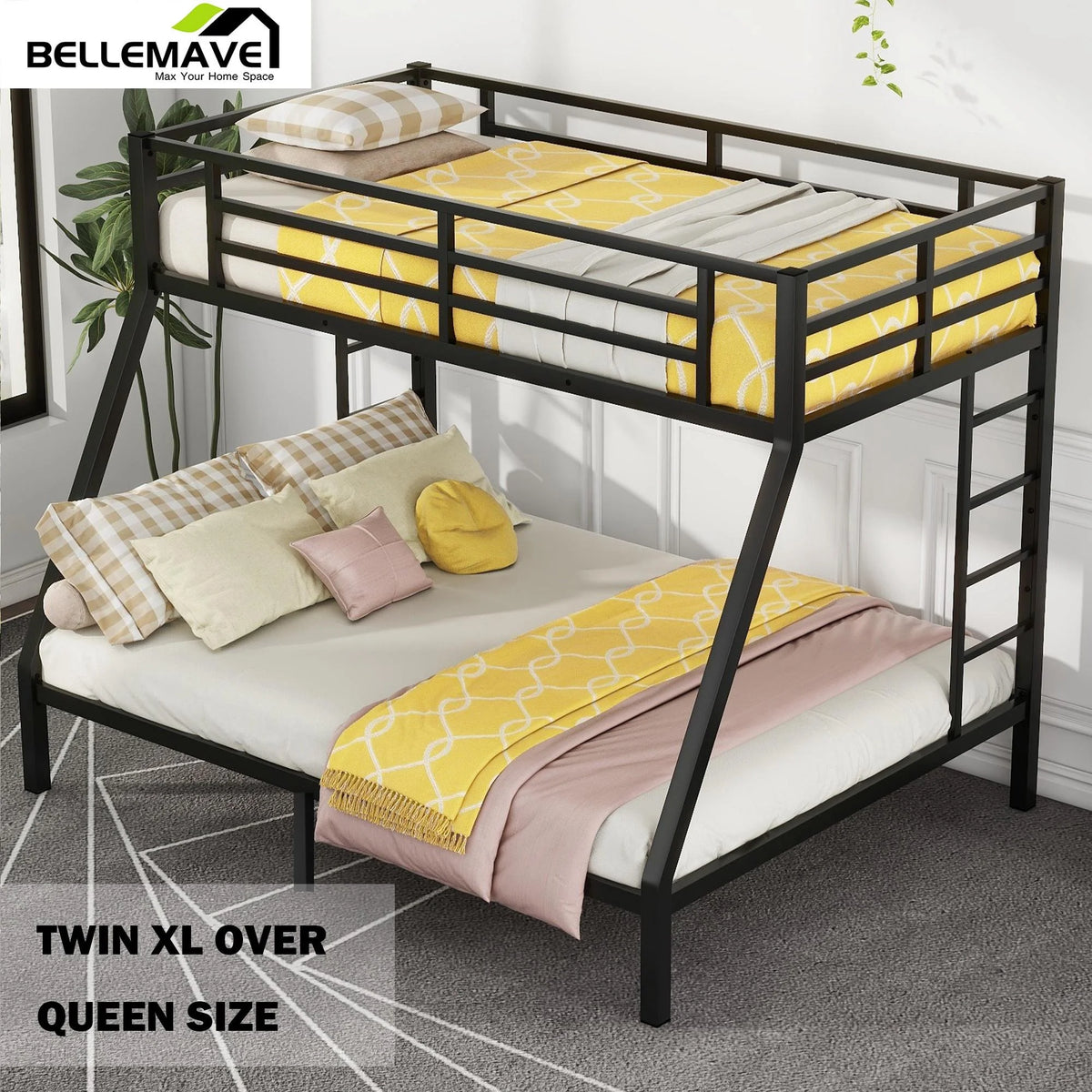 Black Twin XL over Queen Metal Bunk Bed with Ladder and Guardrails L73360