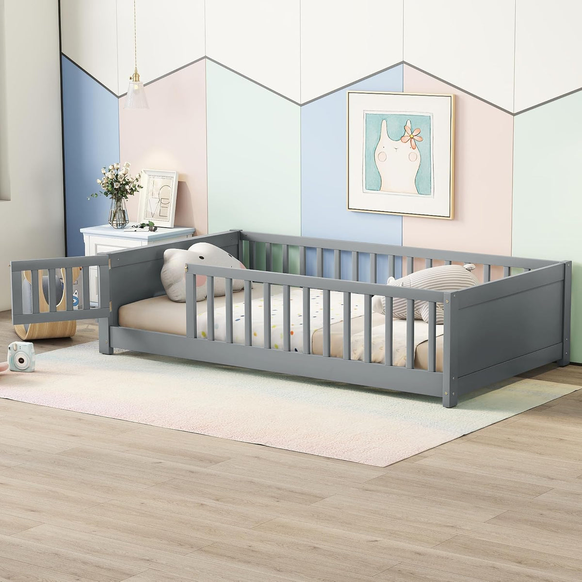 Twin Size Solid Wood Floor Bed with Safety Guardrails and Book Storage Rack, Gray V560