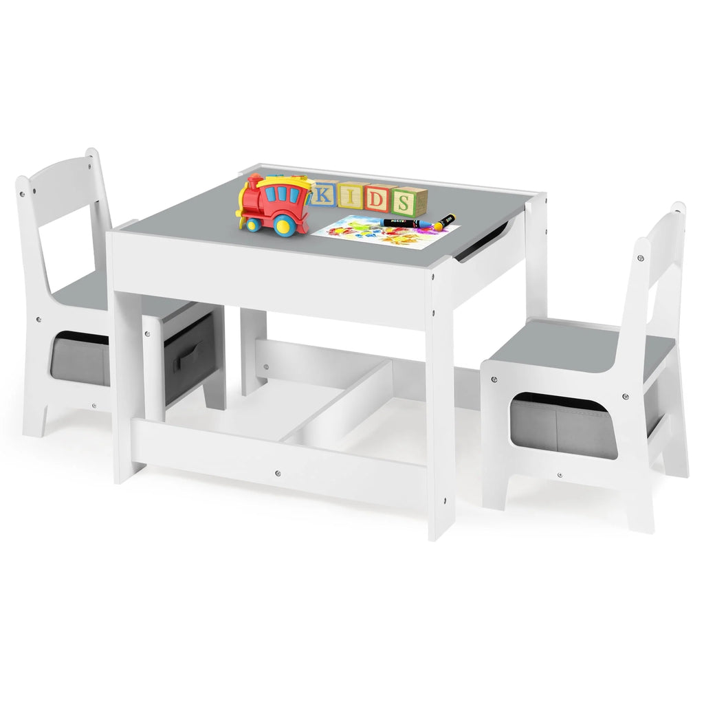 3 in 1 Kids Wood Table & 2 Chairs Set Grey F292505