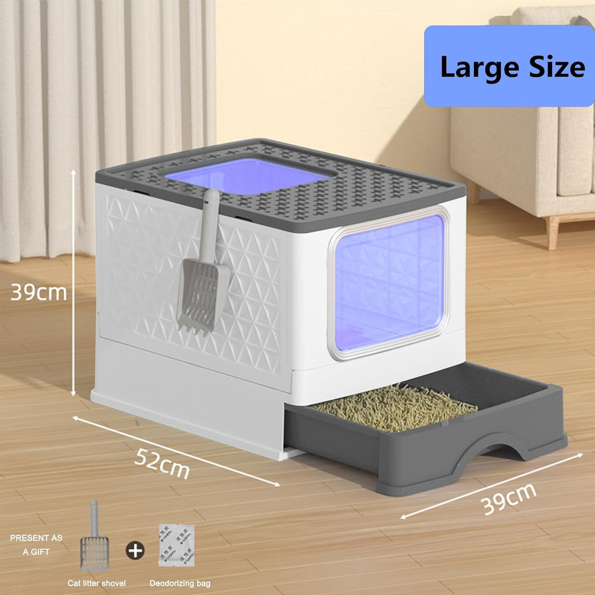 Foldable Enclosed Plastic Cat Litter Box with Litter Scoop (Light Gray) X986828