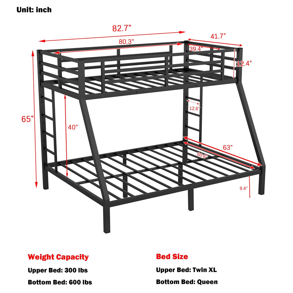 Black Twin XL over Queen Metal Bunk Bed with Ladder and Guardrails L73360