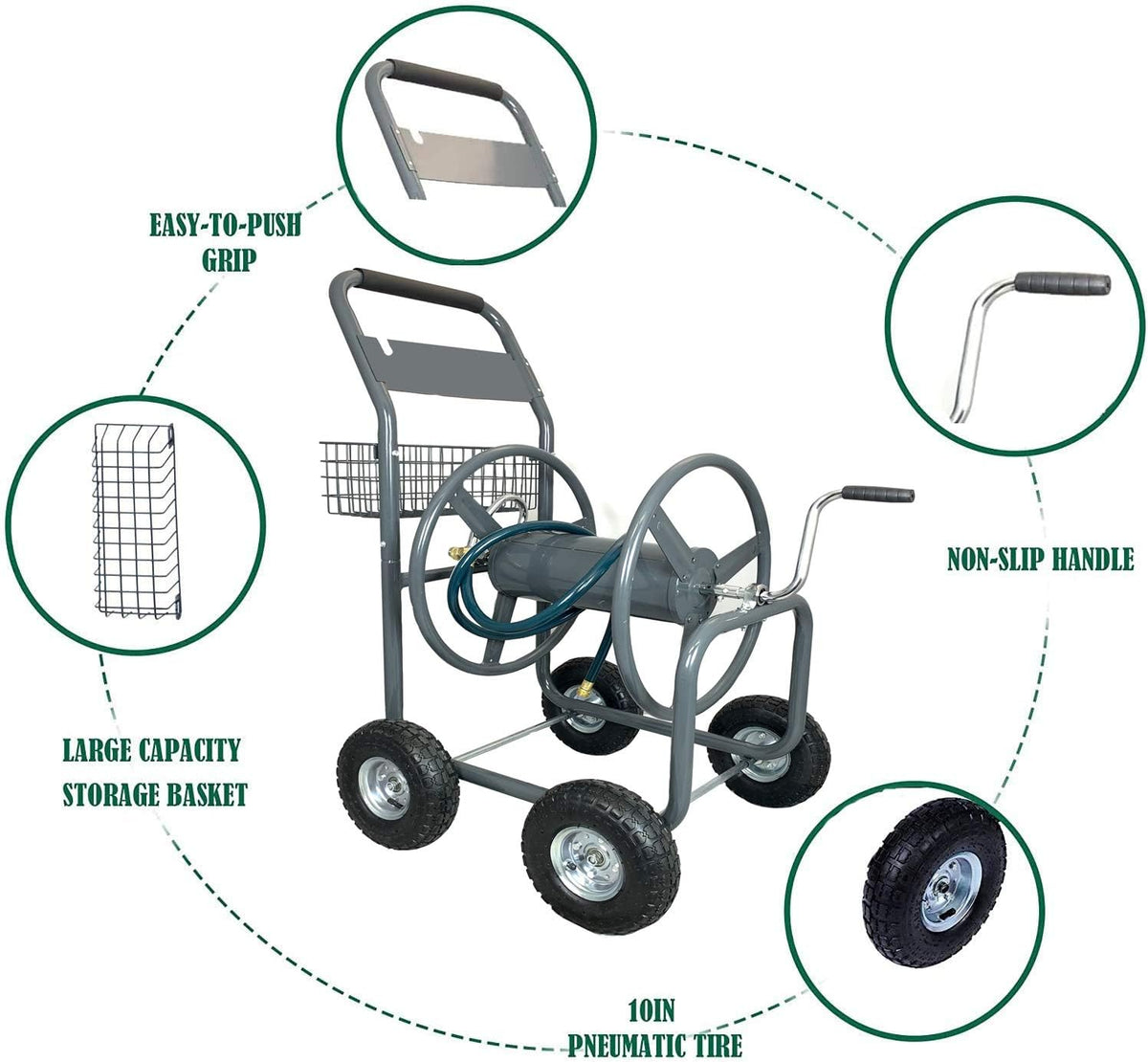 4 Wheels Portable Garden Hose Reel Cart with Storage Basket M624