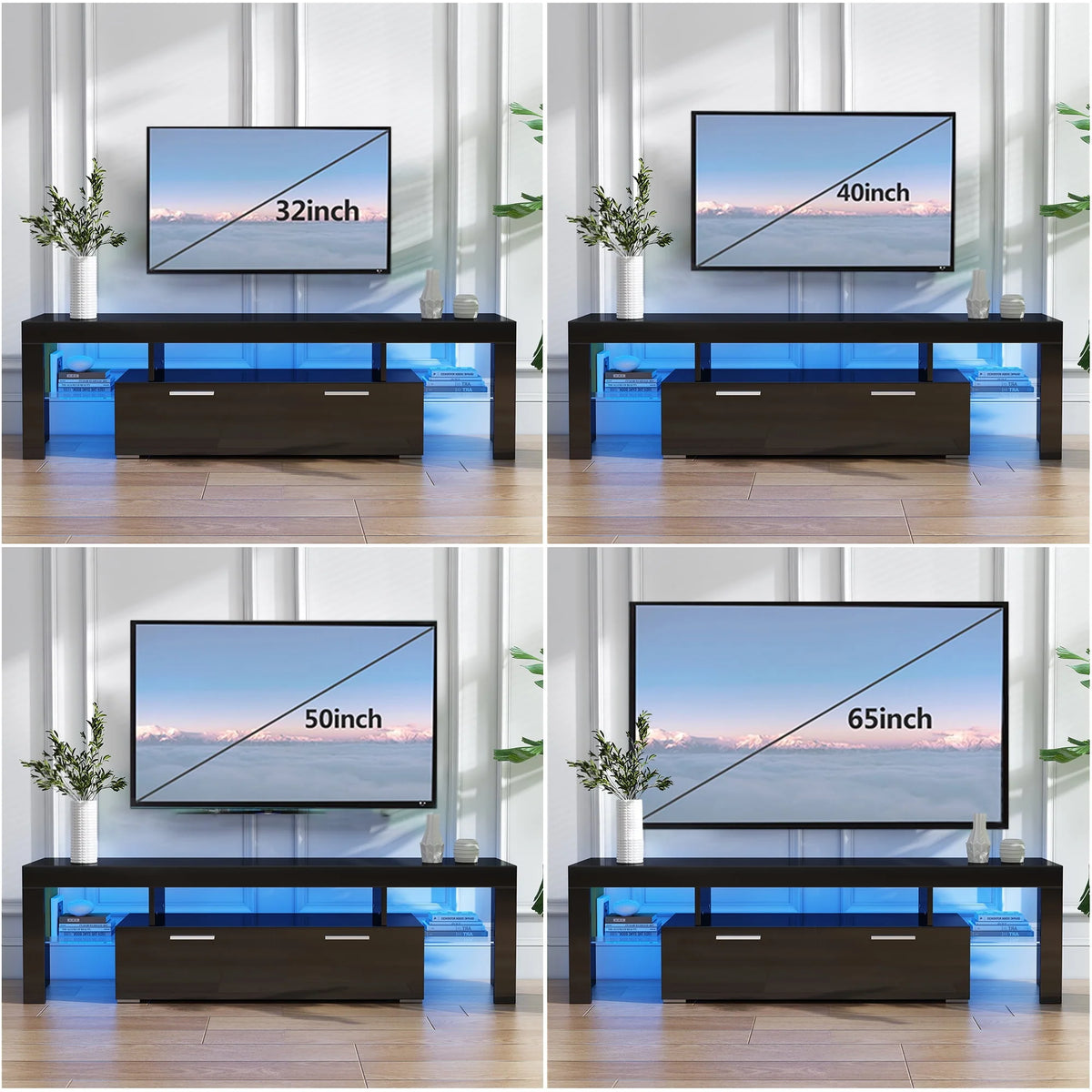 White High Gloss TV Stand with LED Lights and Storage Shelves T9833