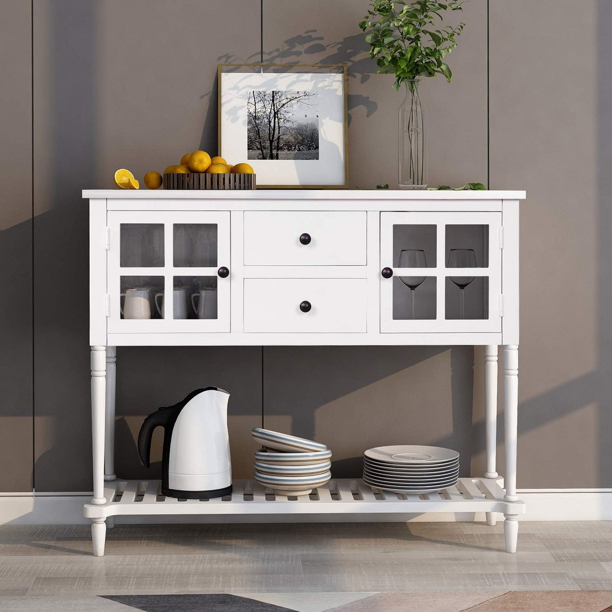 Antique Gray Console Table with Glass Doors and Drawers T126648
