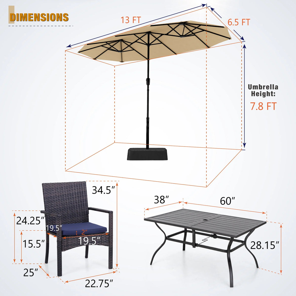 8-Piece Outdoor Patio Set with 13 ft Navy Umbrella X482