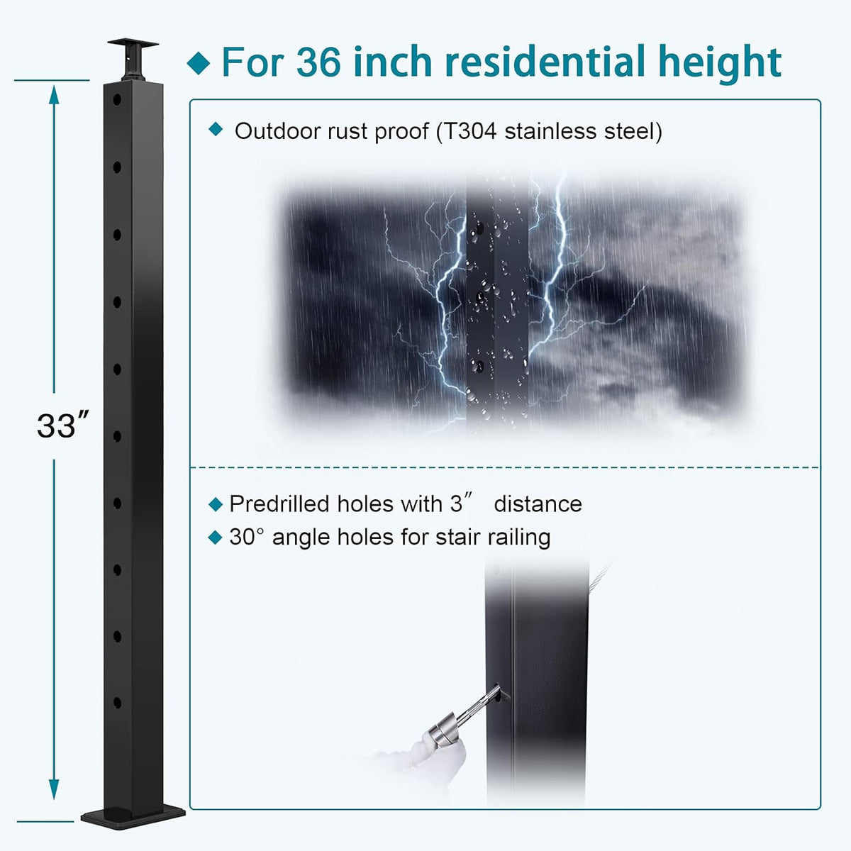 Black 30 Degree Stair Pre-Drilled Angle Holes 36x2x2 Stainless Steel Square Weldless Cable Railing Post V78720