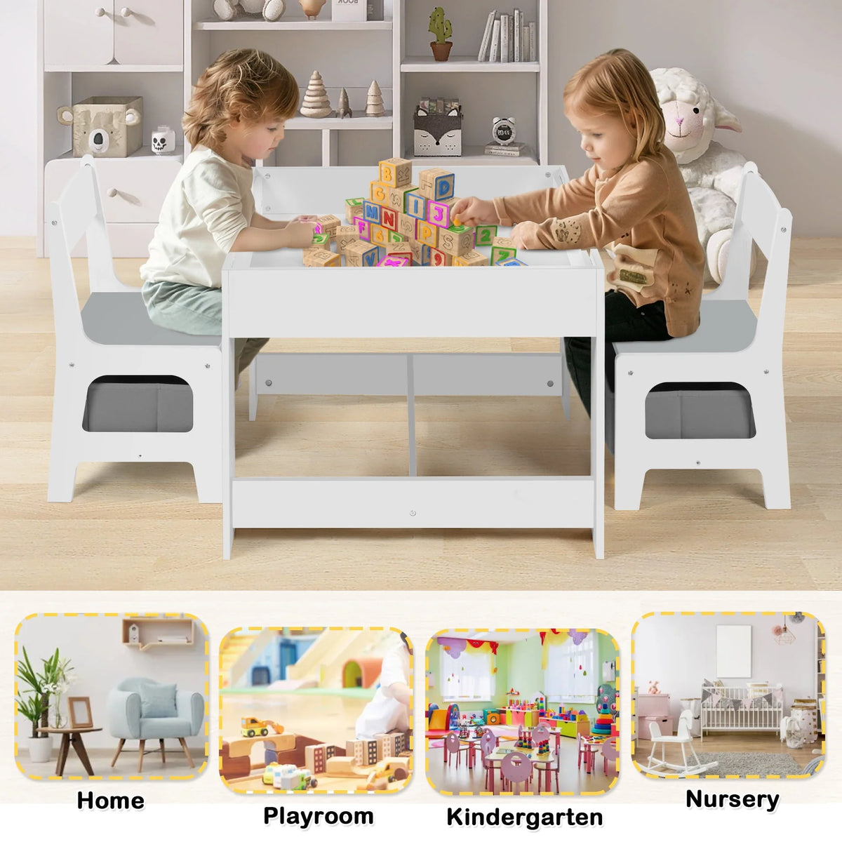 3 in 1 Kids Wood Table & 2 Chairs Set Grey F292505