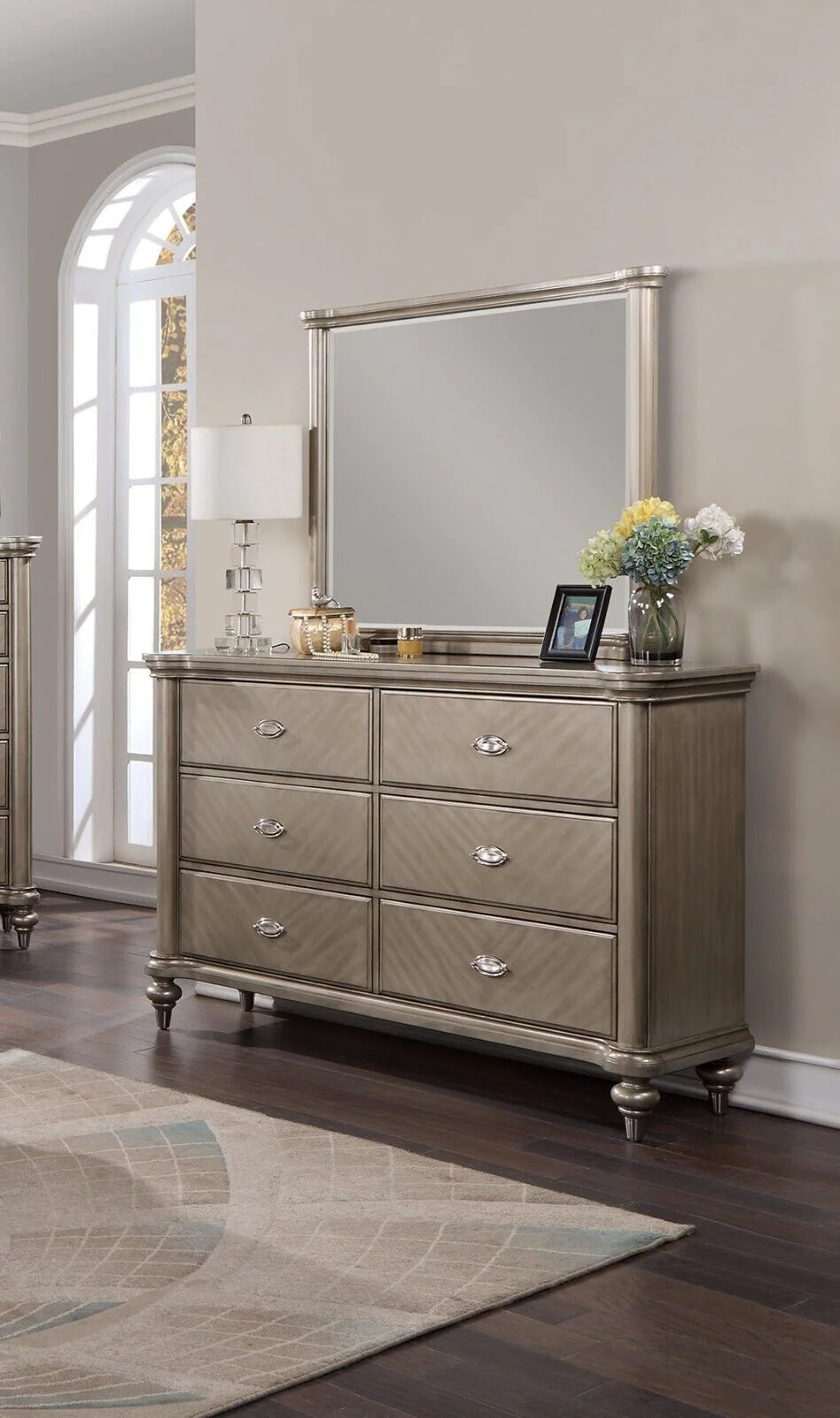 Grey 4p California King Size Bed Dresser Mirror Nightstand D207278