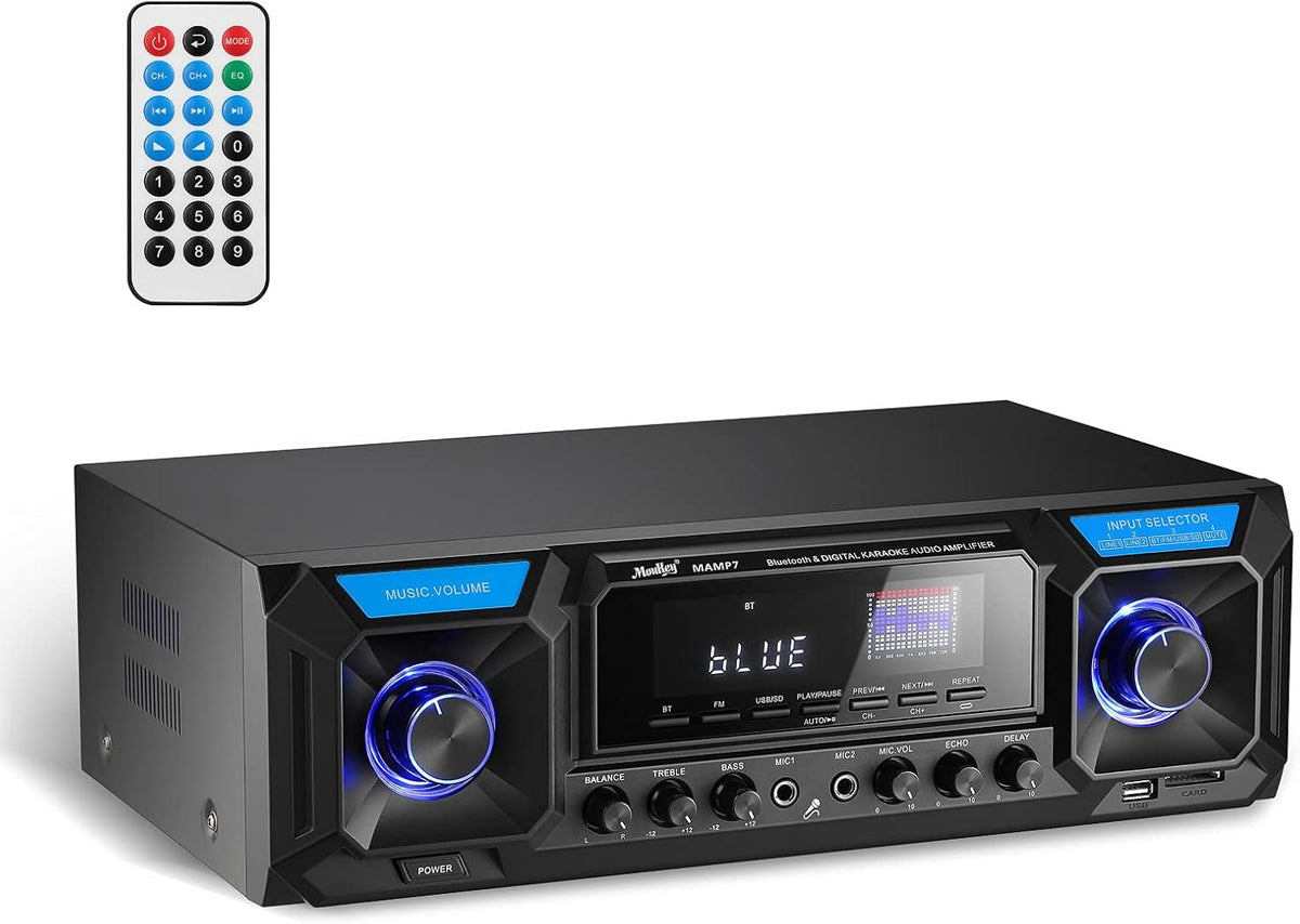Stereo Receiver Amplifier Bluetooth 5.0 330W 2.0 Channel Home Audio AMP FM with USB SD Mic in Echo RCA AUX LED Remote Y774