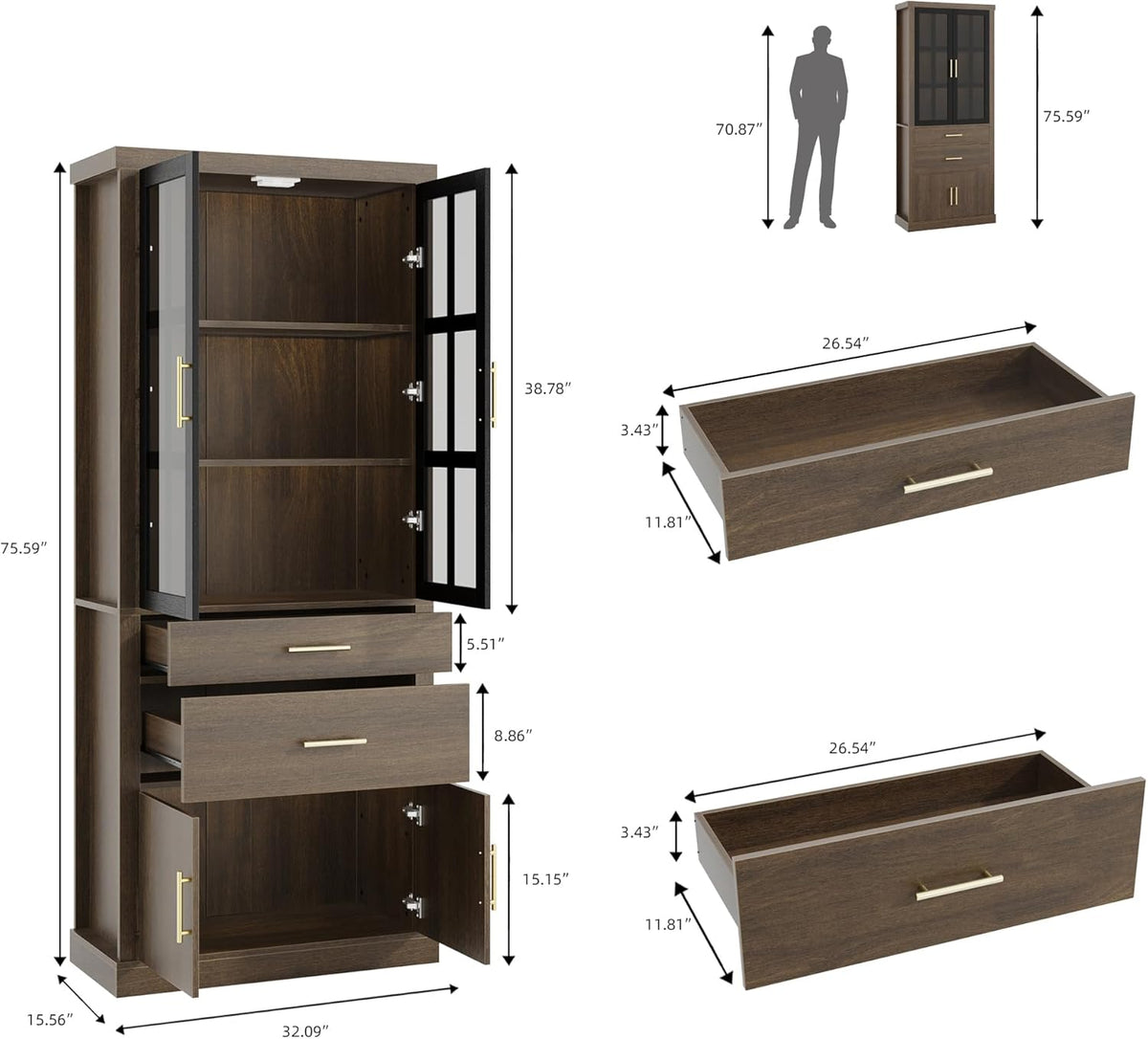 75.6" Tall 4 Door Adjustable Shelves Kitchen Pantry Cabinet Walnut K29258