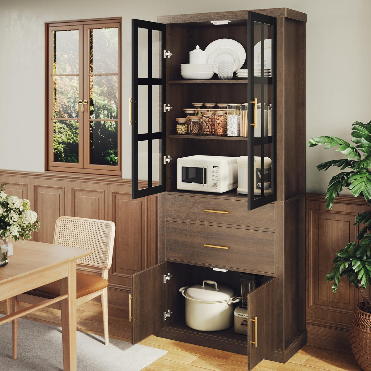 75.6" Tall 4 Door Adjustable Shelves Kitchen Pantry Cabinet Walnut K29258