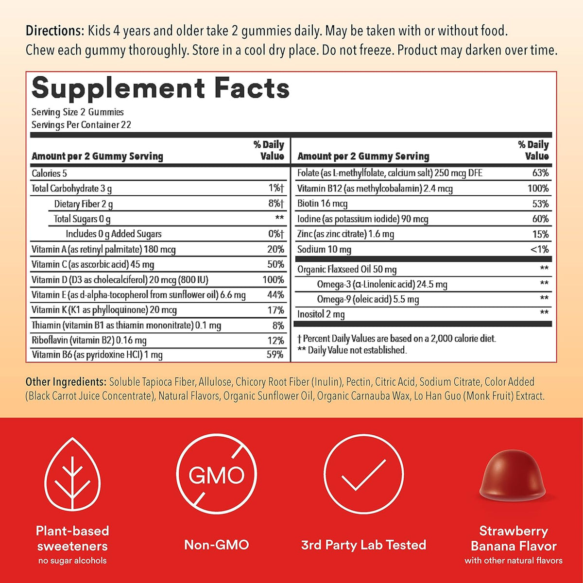 Kids Multivitamin Gummies, Sugar Free: Omega 3 & Magnesium Gummies Plus L-Theanine, Lemon Balm, Calm Chews, Sherbet Flavor - 50 Count C20047