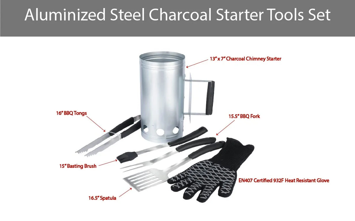 Steel Charcoal Chimney 6pc Value Set with Spatula, Basting Brush, BBQ Fork, Tongs and Heat Resistant Glove R815271