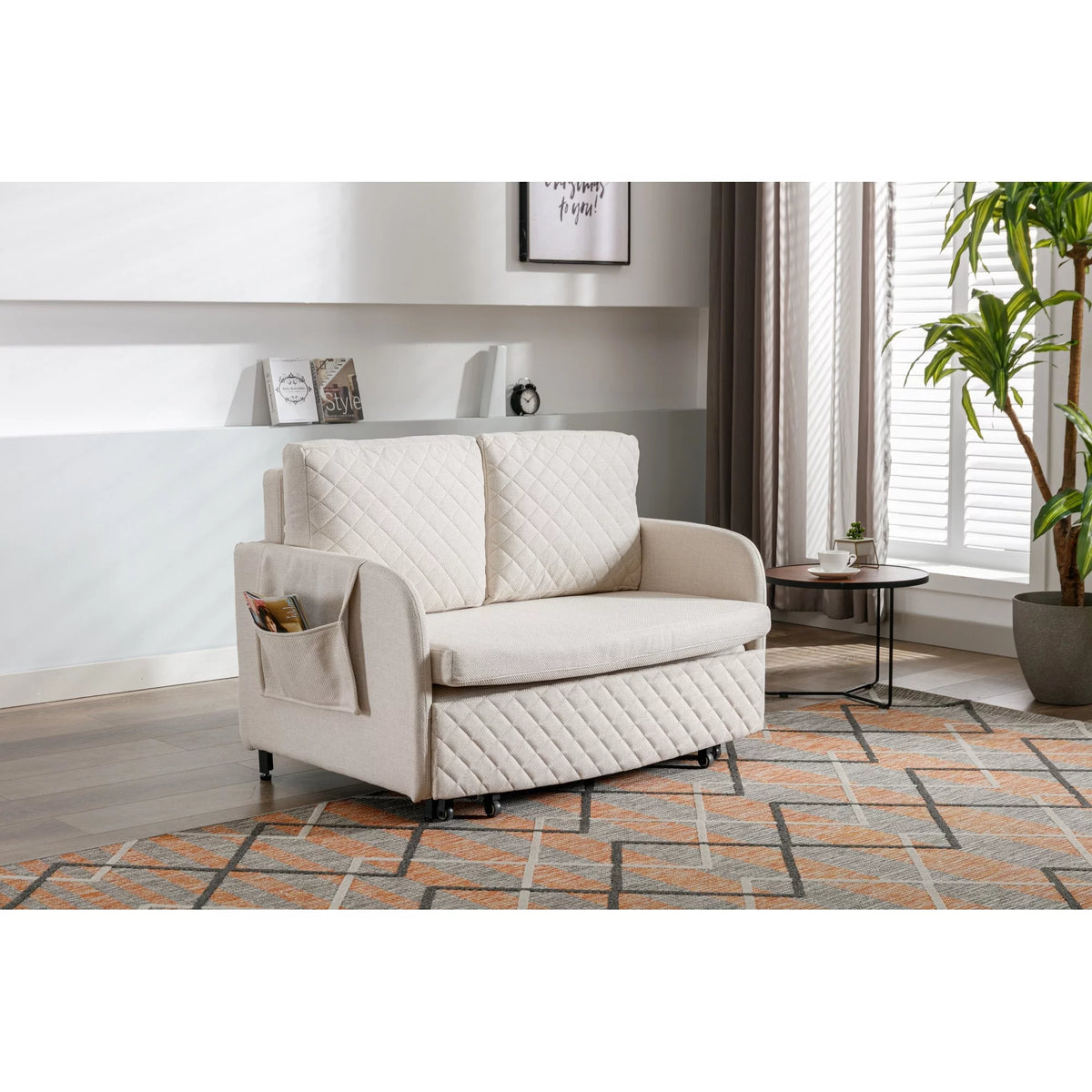 Beige Linen Convertible Sleeper Sofa Bed with Storage B39873