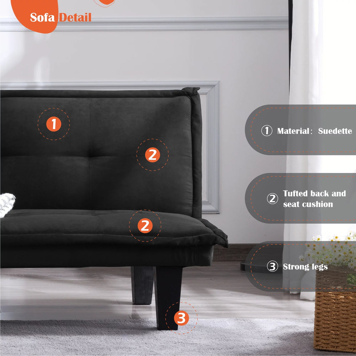 63.8 inch Tufted Convertible Sleeper Futon Sofa Faux Suede Black J1180