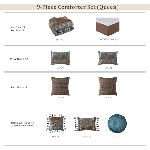 9-Piece King Jacquard Comforter Set with Euro Shams, Bedskirt, Decorative Pillow B7269