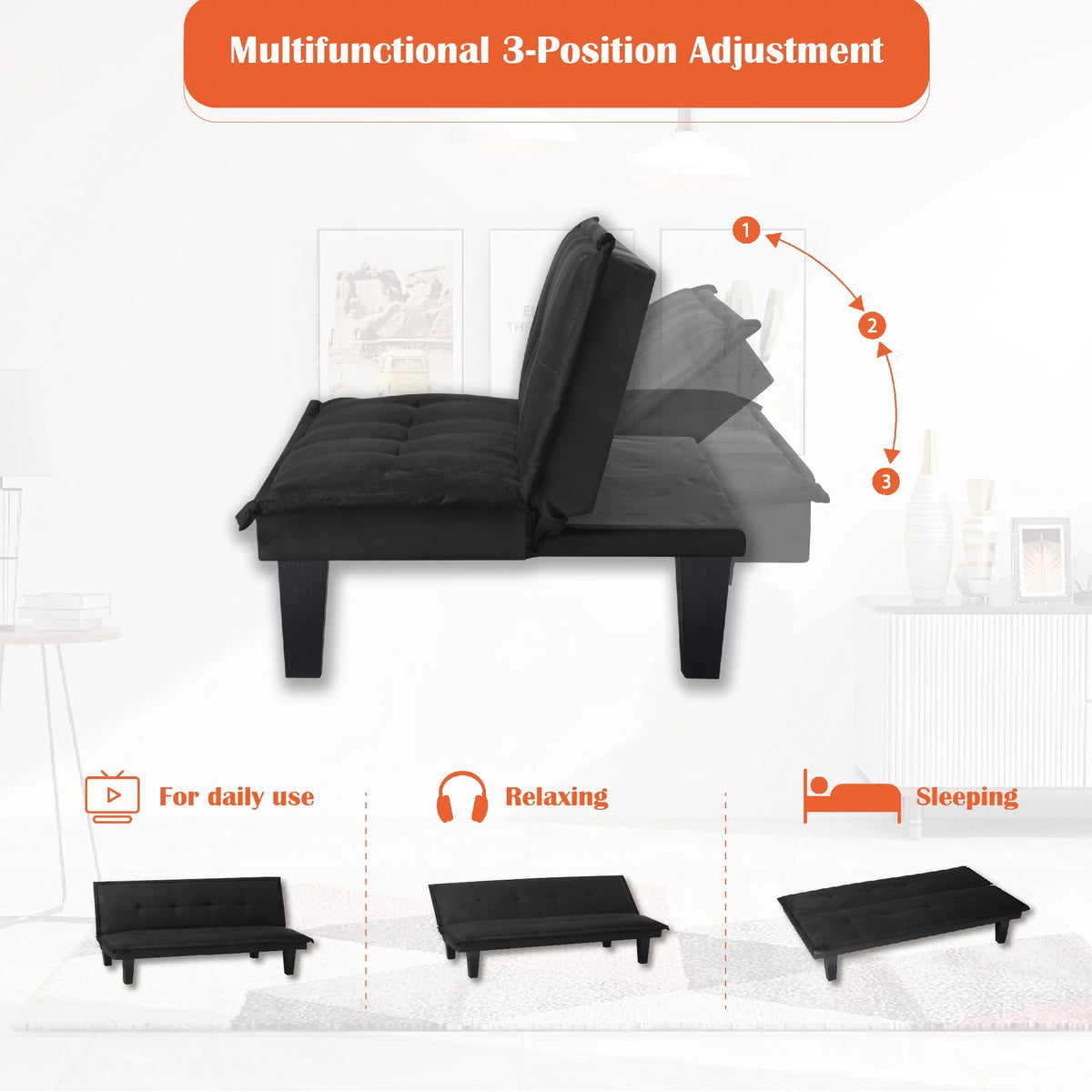 63.8 inch Tufted Convertible Sleeper Futon Sofa Faux Suede Black J1180