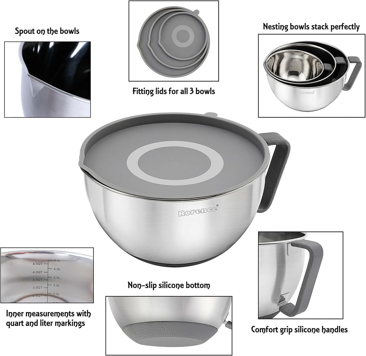 Stainless Steel Non-Slip Mixing Bowls Set of 3 I59454
