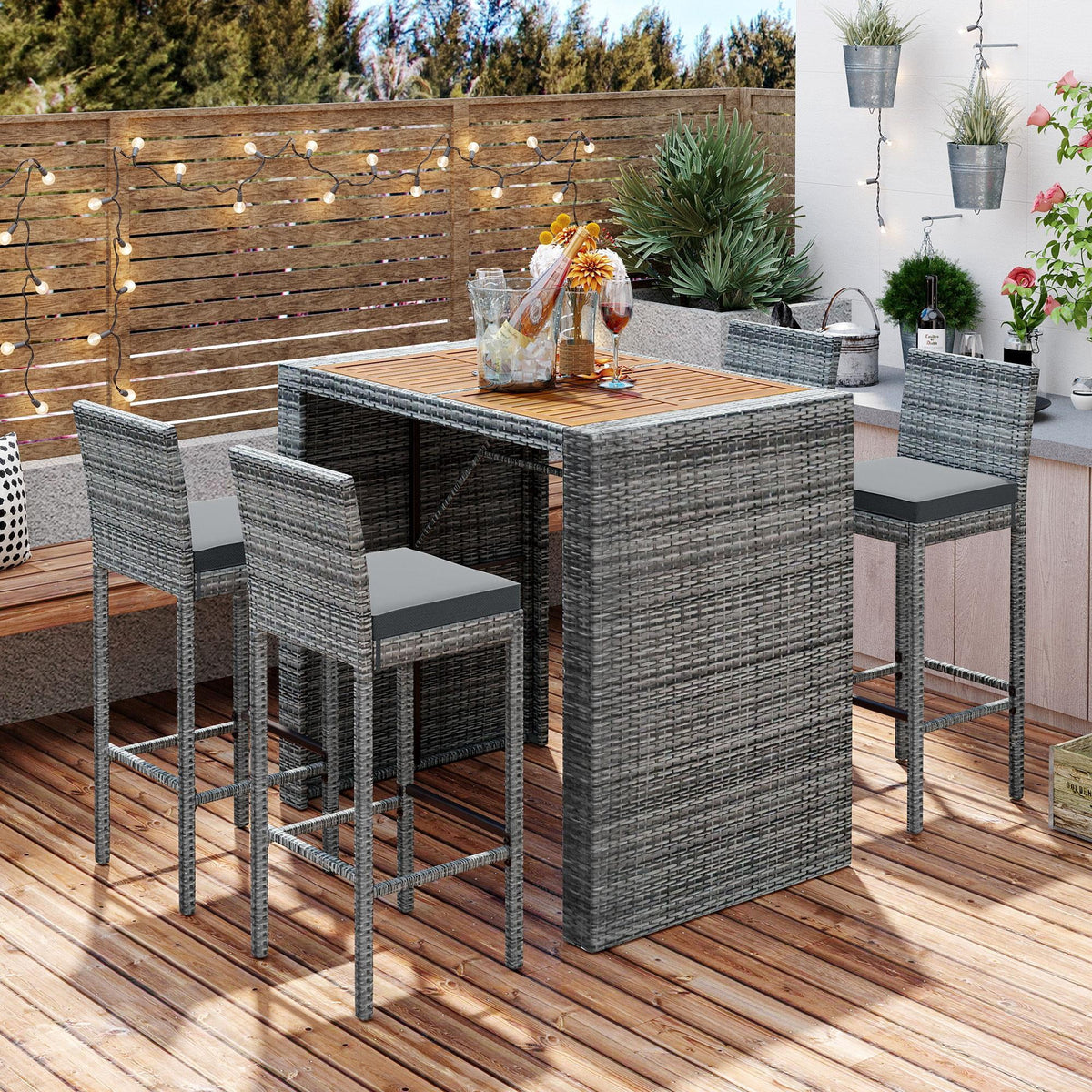 5-pieces Outdoor Patio Wicker Bar Set Q46588
