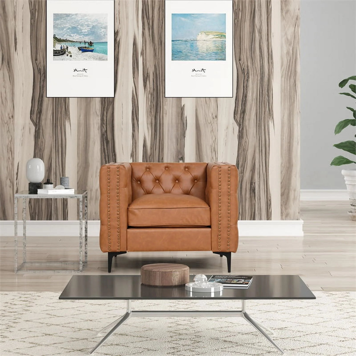 3-PC Leather Loveseat and 2 Chairs Set Saddle Brown V267211