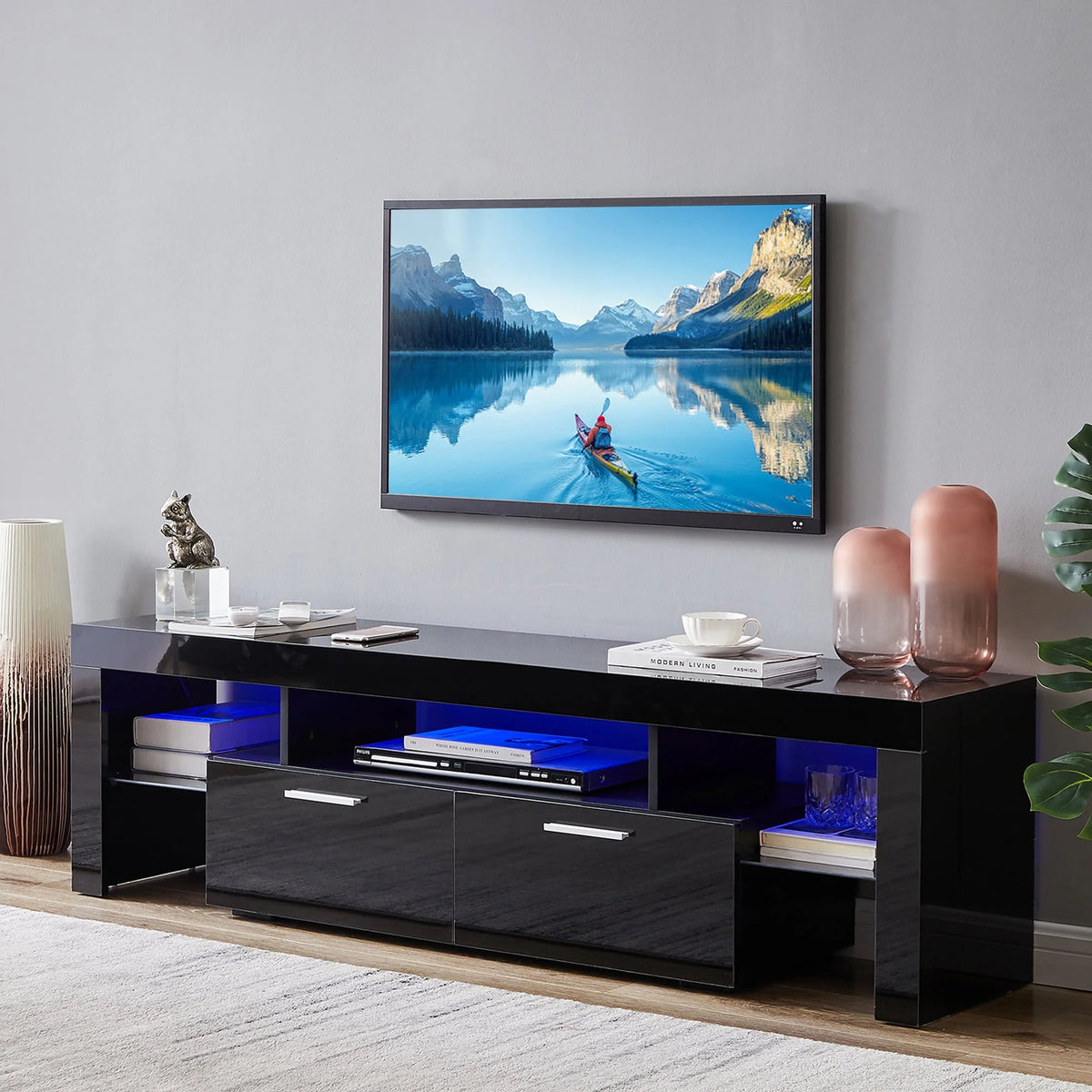 White High Gloss TV Stand with LED Lights and Storage Shelves T9833