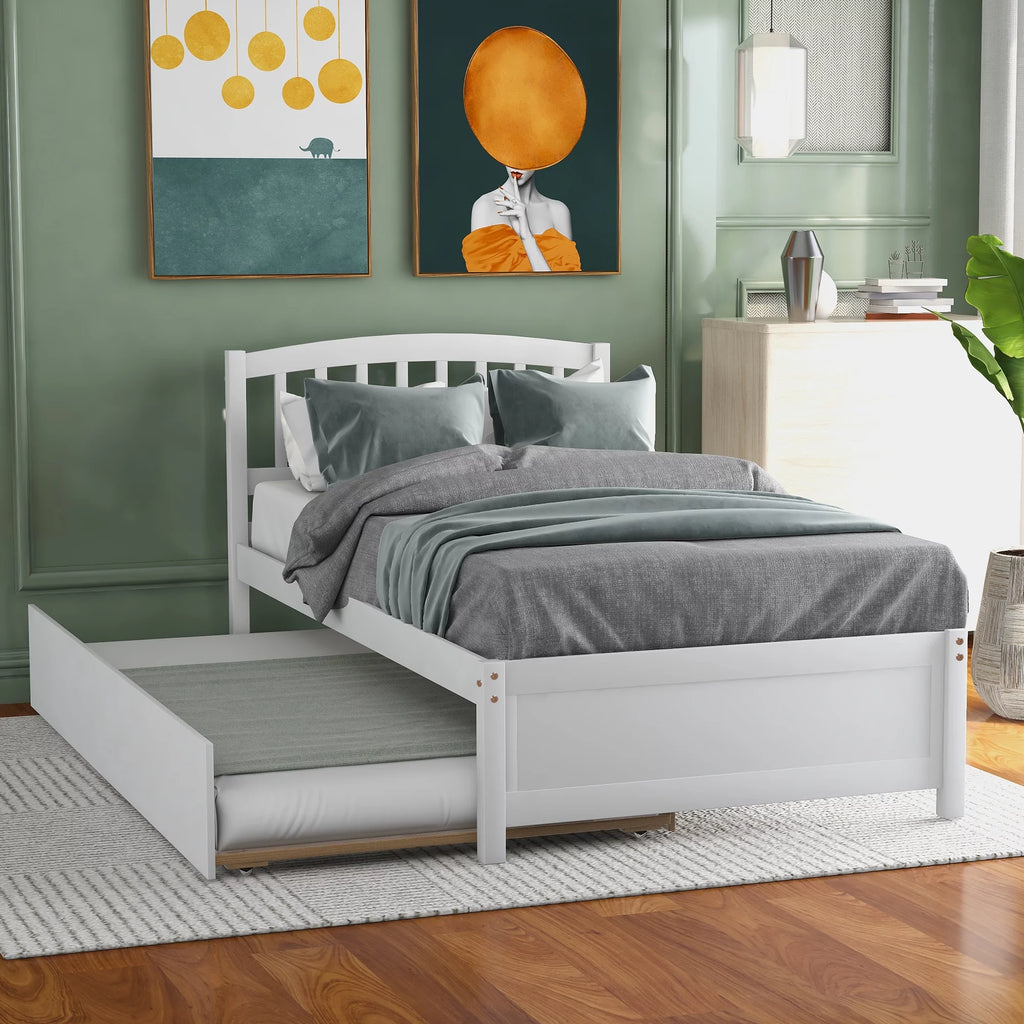 Twin Size White Wood Platform Bed with Trundle Q310