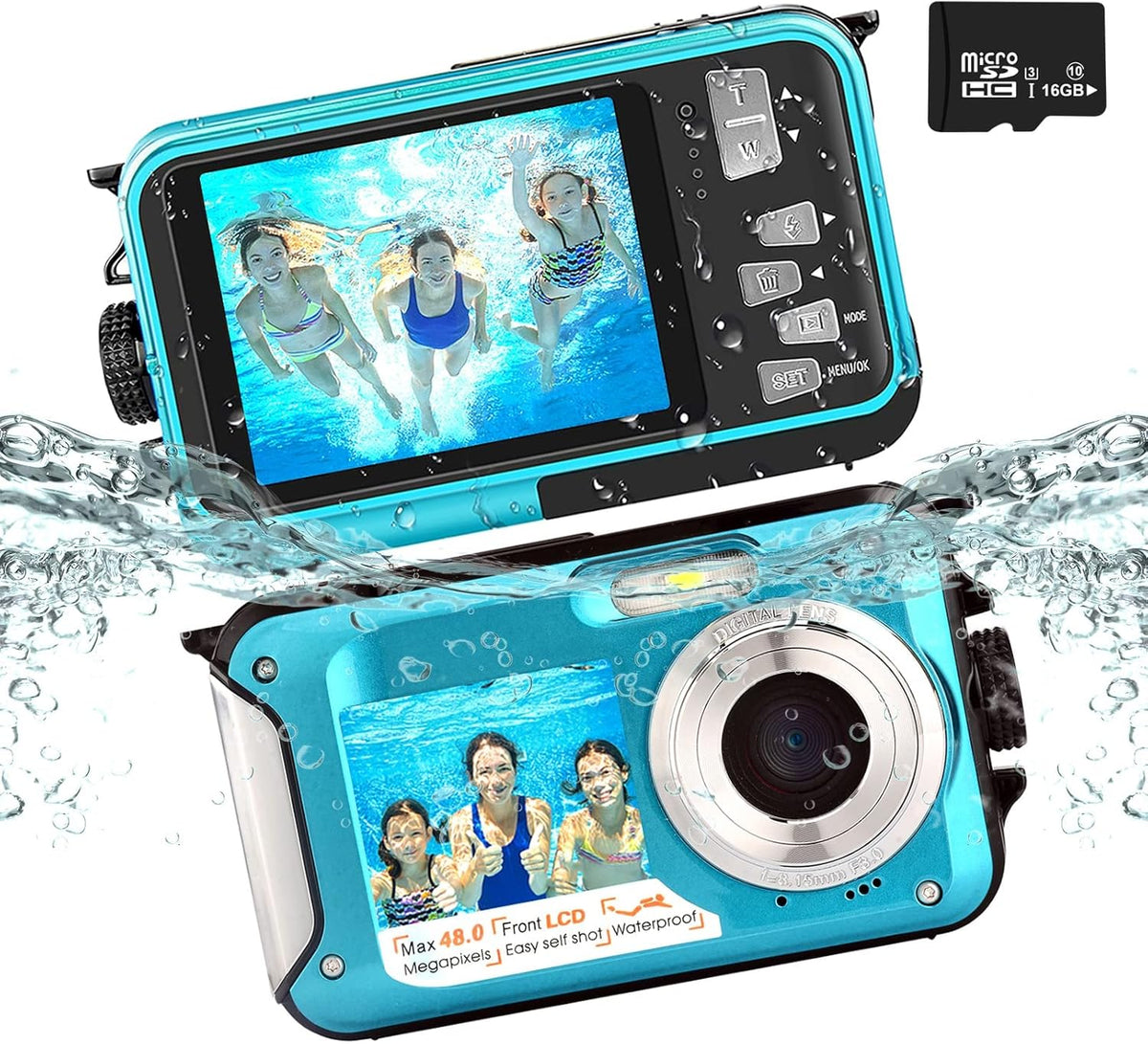 Blue 13FT Waterproof Underwater Camera, 48MP Photo 2.7K Video, Dual Display, Pack of 2 L829