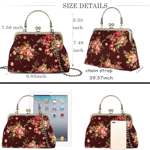 Floral Top-Handle Handbag, Kiss Lock Evening Bag D373