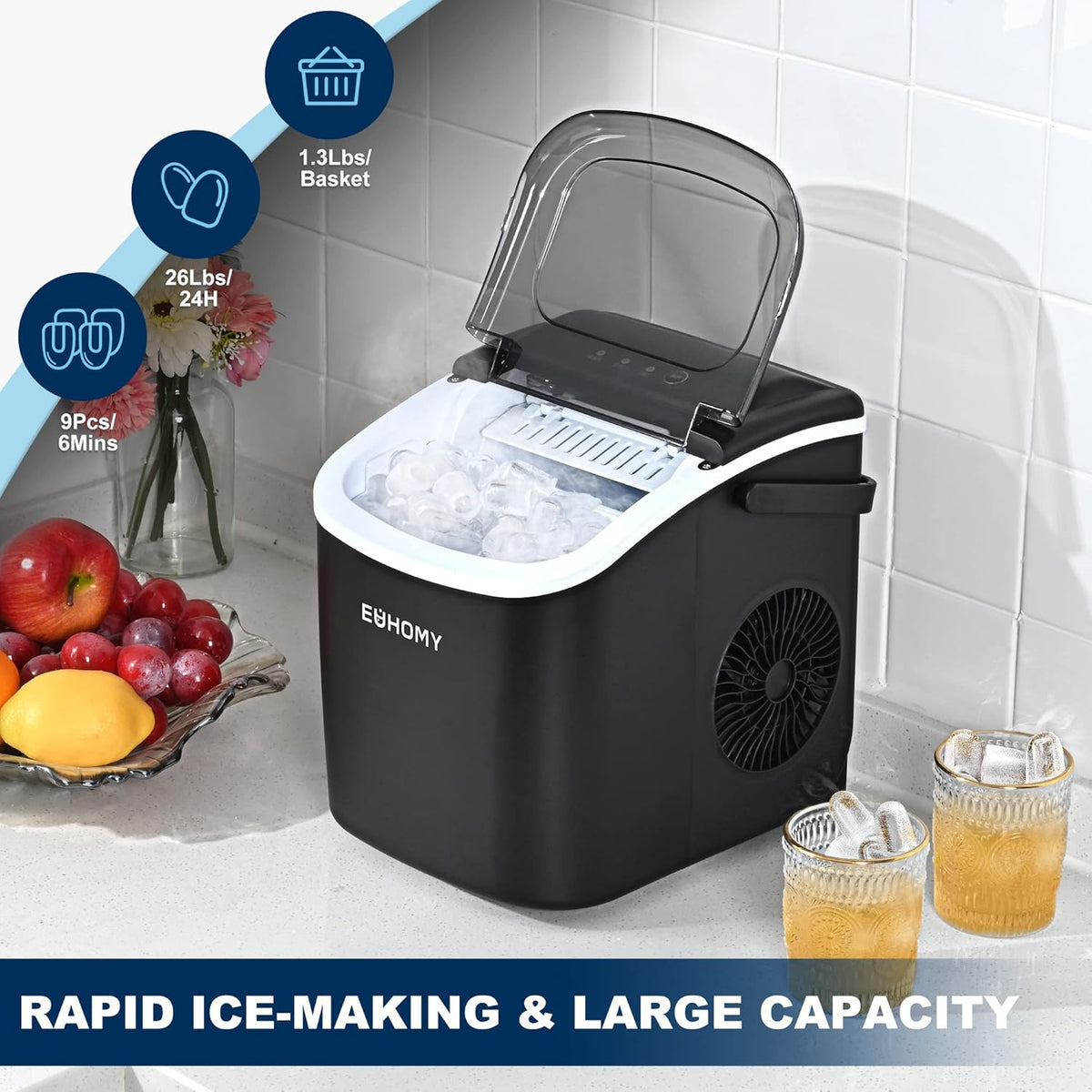 Black Countertop Ice Maker with 1.3lbs Basket and Scoop W793