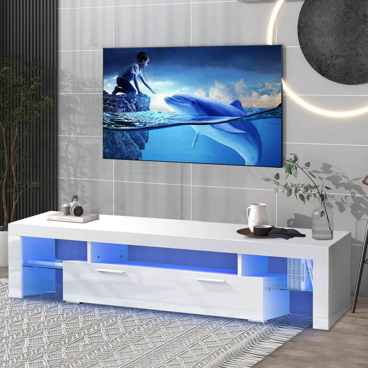 White High Gloss TV Stand with LED Lights and Storage Shelves T9833