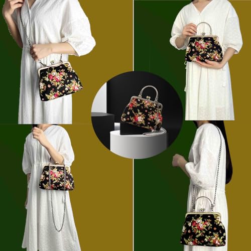 Floral Top-Handle Handbag, Kiss Lock Evening Bag D373