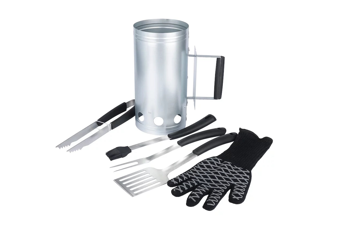 Steel Charcoal Chimney 6pc Value Set with Spatula, Basting Brush, BBQ Fork, Tongs and Heat Resistant Glove R815271