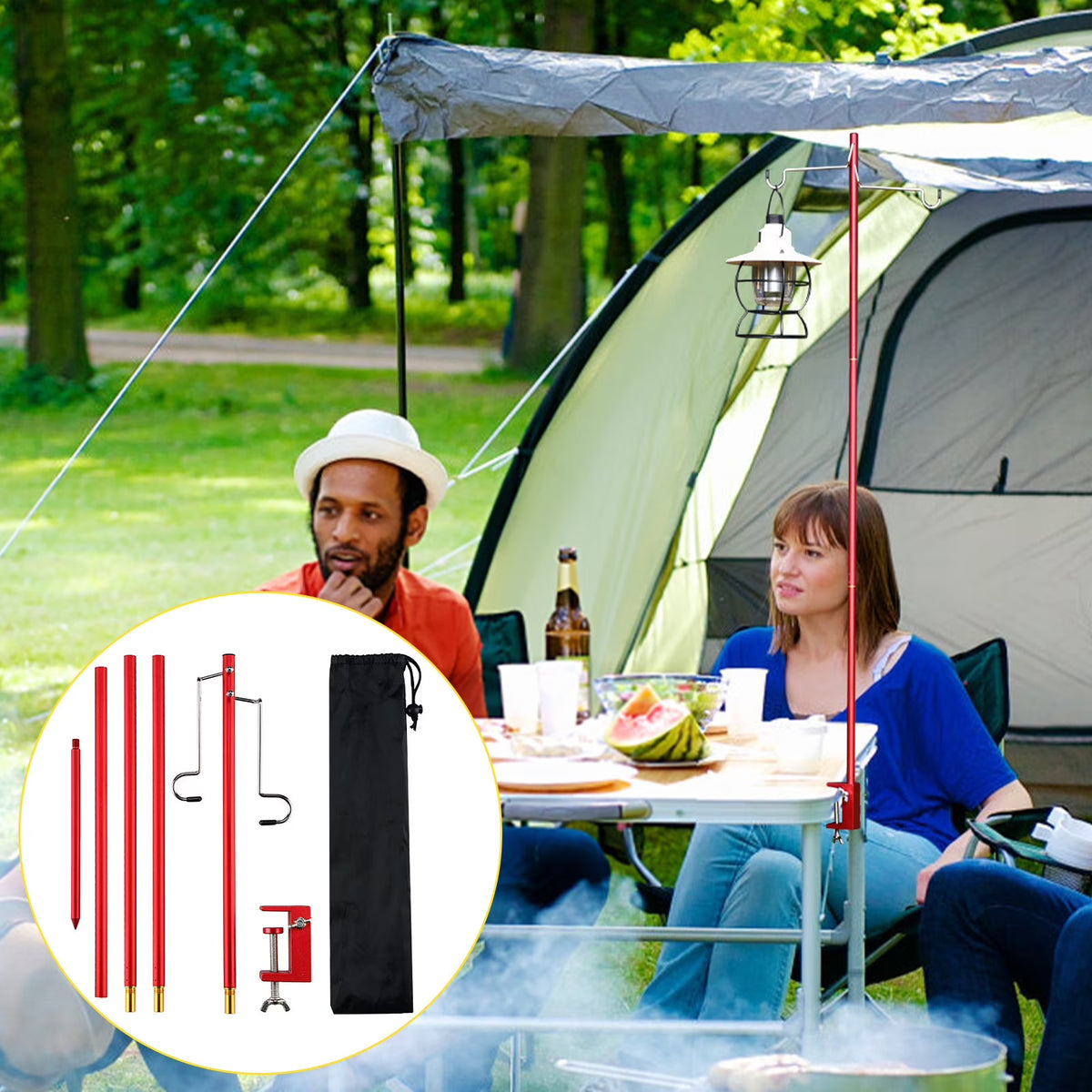 Portable Collapsible Lantern Pole with Stake, Aluminum Foldable Lightweight Stand D815243