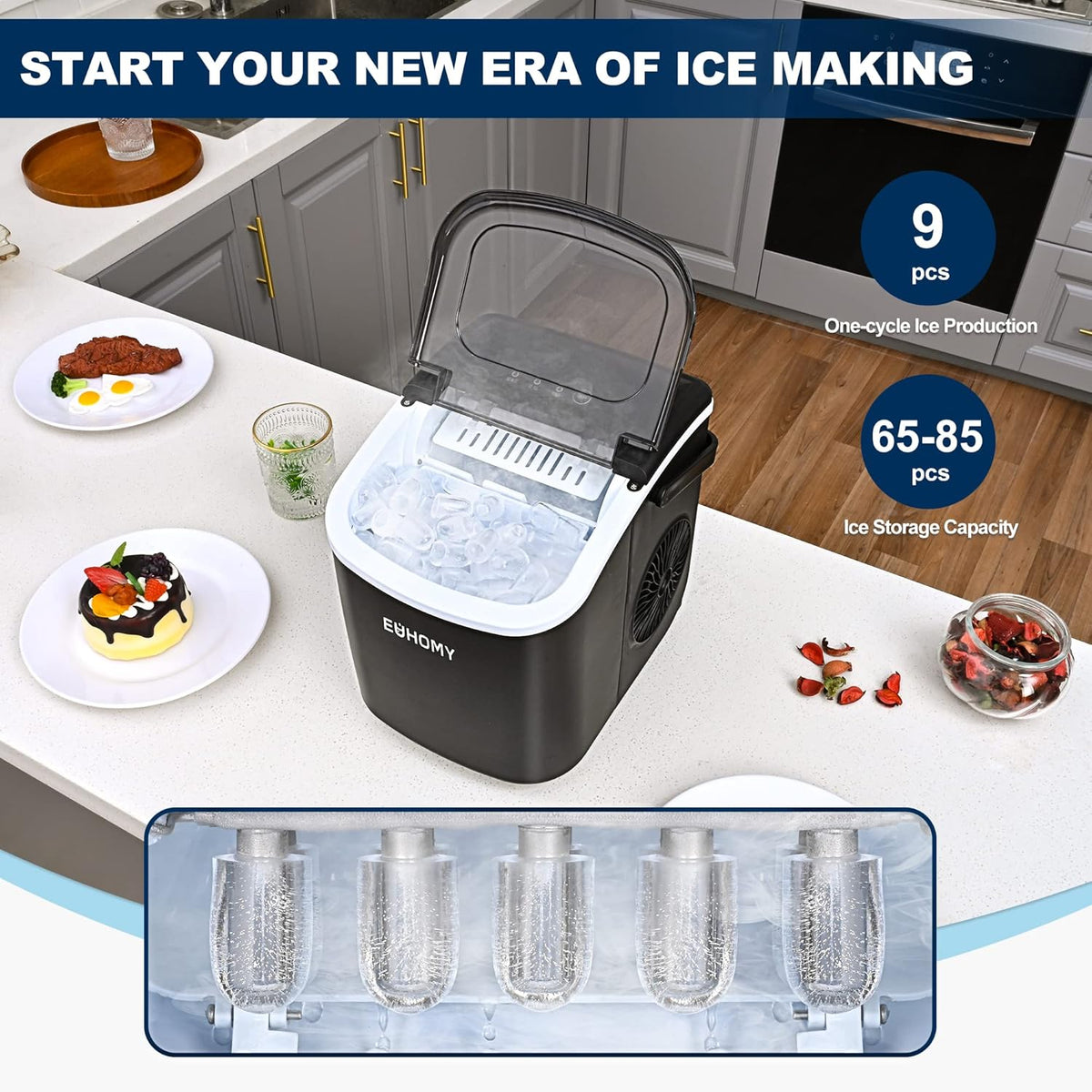 Black Countertop Ice Maker with 1.3lbs Basket and Scoop W793