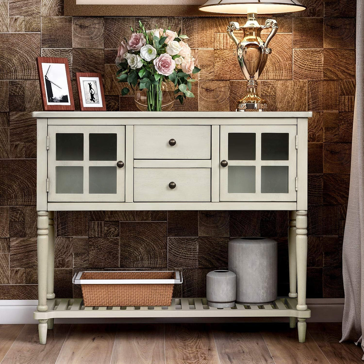 Antique Gray Console Table with Glass Doors and Drawers T126648