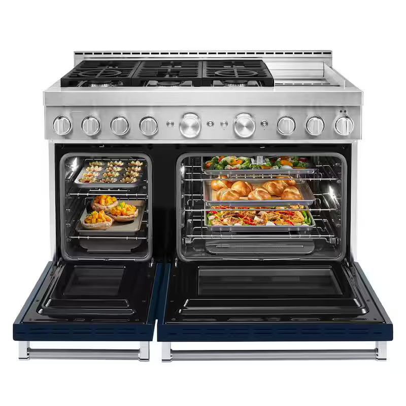 48 in. 6.3 cu. ft. Smart Double Oven Gas Range with Griddle and True Convection in Ink Blue C20566