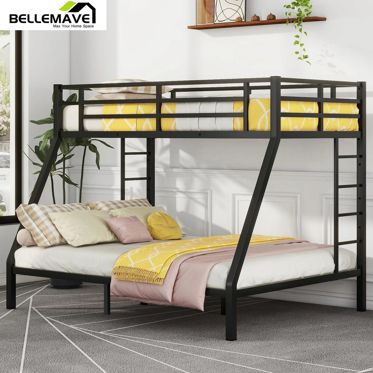 Black Twin XL over Queen Metal Bunk Bed with Ladder and Guardrails L73360