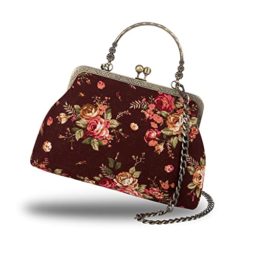 Floral Top-Handle Handbag, Kiss Lock Evening Bag D373