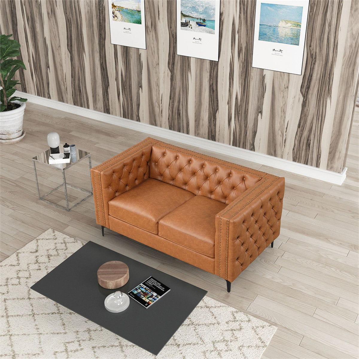 3-PC Leather Loveseat and 2 Chairs Set Saddle Brown V267211