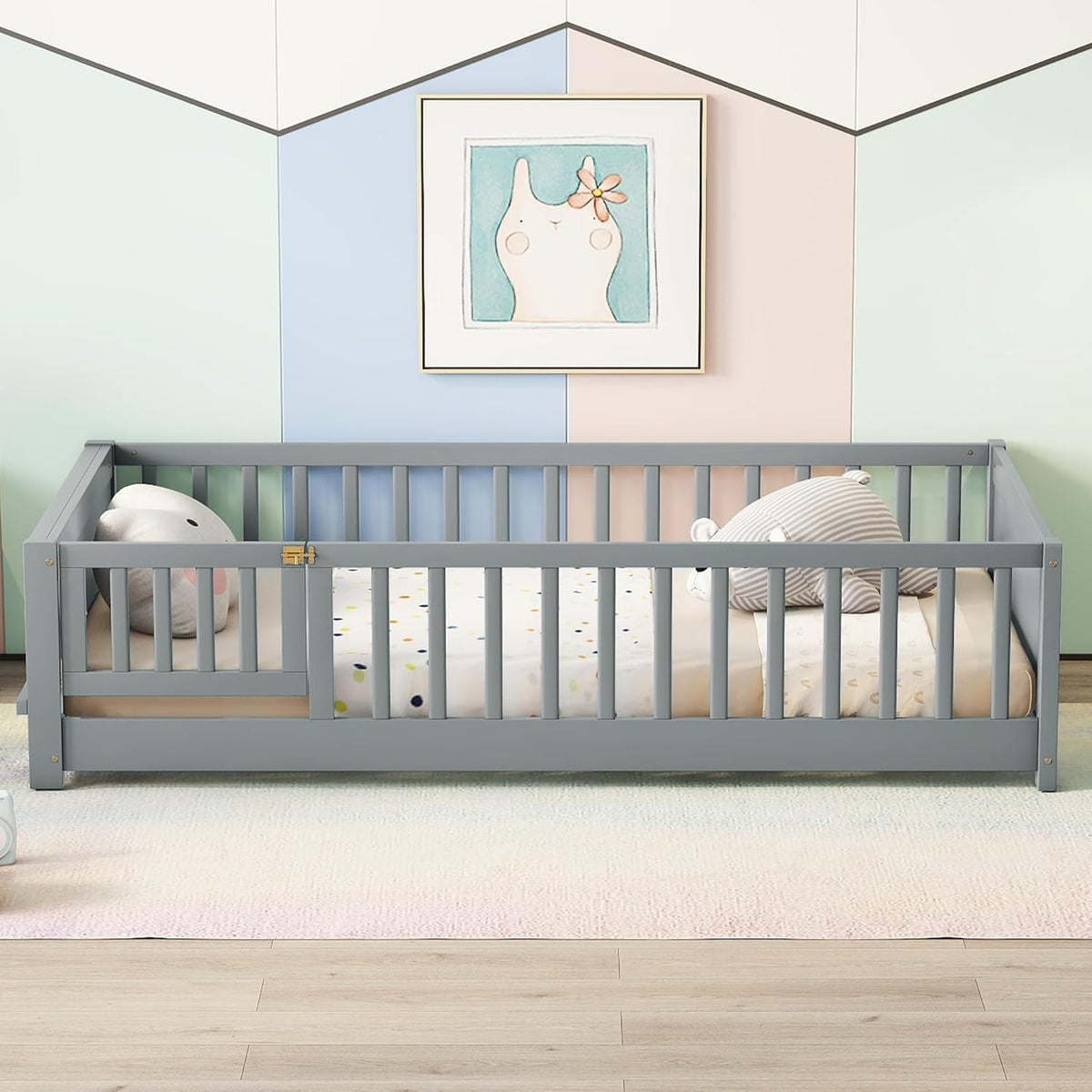 Twin Size Solid Wood Floor Bed with Safety Guardrails and Book Storage Rack, Gray V560